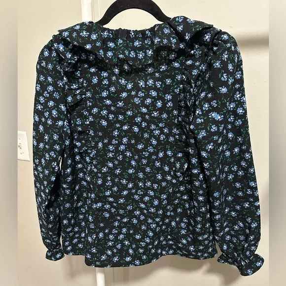 Loft Women’s Black and Blue Floral Ruffled Longsleeve Blouse size XS Petite - Picture 6 of 9